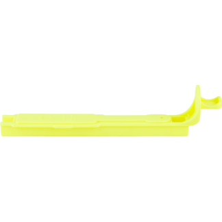 Yellow plastic tool with a long flat body and a curved hooked end.