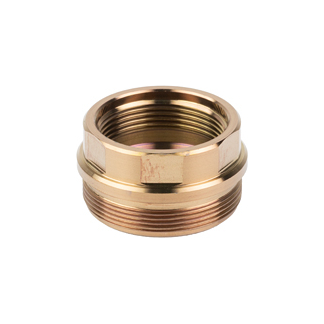 Brass pipe coupling with two male-threaded ends used in plumbing