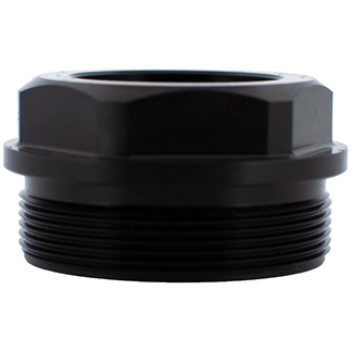 Black plastic threaded plug with hexagonal head for sealing a threaded hole in a pipe or container.