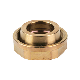 Brass flange nut with a threaded inner bore and flat, hexagonal base for mounting in mechanical assemblies