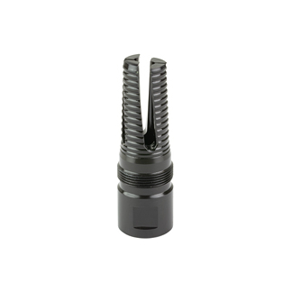 Black plastic tool with a cylindrical base and two parallel, toothed, U-shaped prongs extending upward.