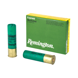 Box labeled Remington Express Buckshot beside two green shotgun shells on a white background.