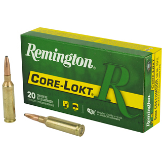 Remington Core-Lokt ammunition box with two brass rifle bullets in front.