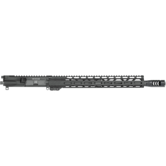 AR-15 style upper receiver with a long free-float handguard and Picatinny/M-LOK rail, matte black finish.