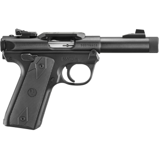 Close-up of a black semi-automatic pistol's slide and grip, with visible serial number and textured handle.