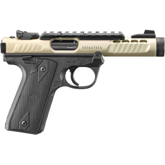 Side view of a tan-and-black semi-automatic pistol with accessory rail and textured grip.