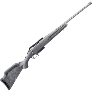 Bolt-action rifle with a long barrel, gray speckled stock, and scope rail, shown diagonally pointing upward to the right.