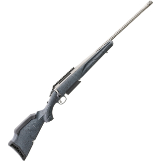 Diagonal view of a modern bolt-action rifle showing the stock and long barrel.
