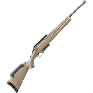 Bolt-action hunting rifle with a tan speckled wooden stock and long barrel shown at an angled view.