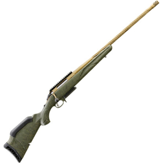 Camouflage-pattern sniper rifle with a long wooden barrel, shown in a side view.