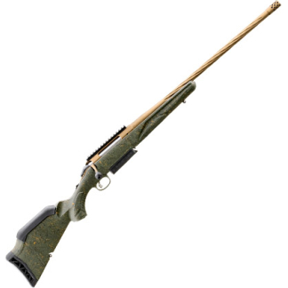 Bolt-action hunting rifle with a green camo stock and long wooden barrel, mounted with a scope, angled upward to the right
