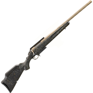 Bolt-action rifle with a speckled black and gold camo finish and a tan barrel, shown diagonally on a white background.