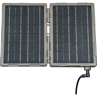 Foldable two-panel portable solar charger connected to a DC lead.