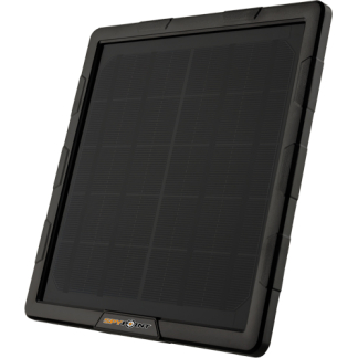 Rugged portable solar panel charger tilted upright, black frame with a solar cell array on the front edge device bottom logo visible.
