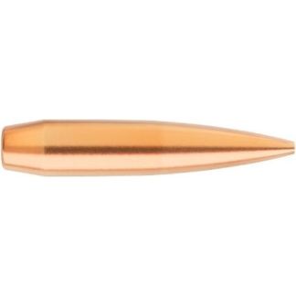Copper-colored rifle bullet photographed in profile.