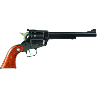 Single-action revolver with a wooden grip and long barrel, shown in profile against a white background.