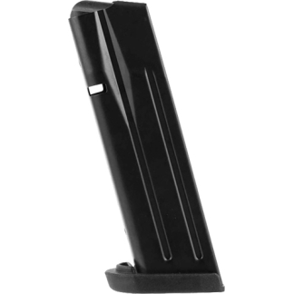 Black pistol magazine with a baseplate, shown at a slight angle.