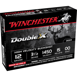 Winchester Double X high-velocity buckshot box with deer graphic and bold red logo on black packaging
