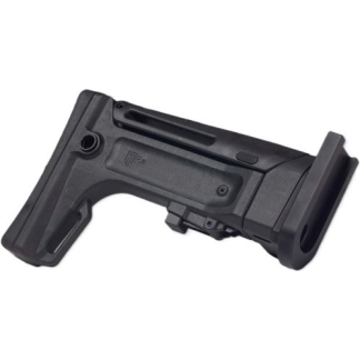 Black modular rifle buttstock with adjustable cheek rest and stock extension for a secure shoulder fit
