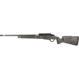 Bolt-action hunting rifle with a camouflaged stock and long barrel, shown in profile.