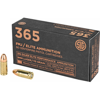 Box labeled '365 FMJ Elite Ammunition' with 50 9mm Luger pistol cartridges; two copper bullets sit beside the box.