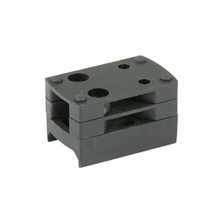Small black modular clamp block with two stacked pieces and four circular holes on the top surface
