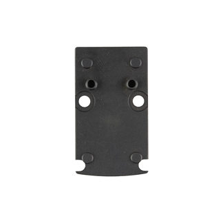 Black rectangular metal mounting plate with four holes and curved bottom notches for mounting hardware