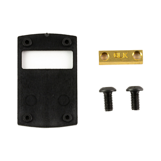 Small hardware kit: black plastic mounting bracket with a rectangular opening, plus a brass GLK plate and two screws.