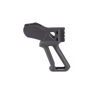 Handheld hot glue gun with a gray body and ergonomic grip for applying hot glue