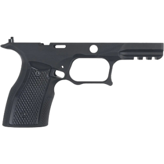 Black pistol frame (lower receiver) with textured grip and trigger guard, no slide attached.