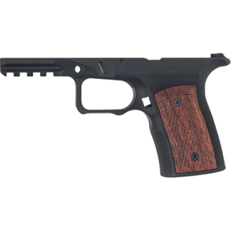 Semi-automatic handgun with black steel frame and wooden grip panels, left-side view.