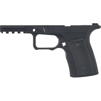 Black semi-automatic pistol frame with a textured grip, shown from the side.