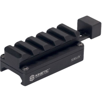 Black Picatinny rail mount with multiple rails and a clamping knob for attaching firearm accessories.