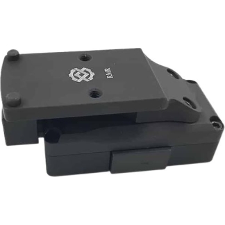 Black two-piece industrial mounting clamp with screw holes and a hinged top plate.