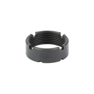 Black plastic threaded ring with internal threads and cutouts, likely a mounting or securing ring for a cylindrical attachment.