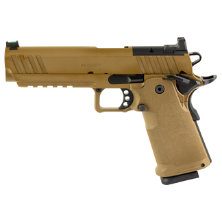 Tan semi-automatic pistol with black sights and a textured grip.