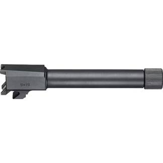 Black rifle barrel with a small front sight block on the left and a knurled muzzle end on the right.