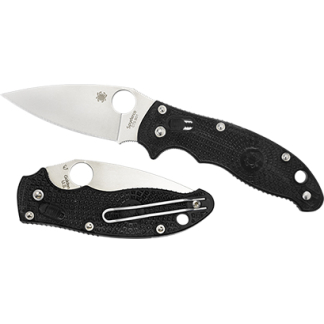 Two folding pocket knives with black textured handles; one blade is open and exposed, the other is closed in its sheath.