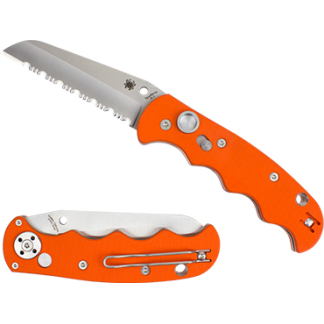 Orange folding pocket knife with serrated blade extended, orange handle and silver hardware visible.