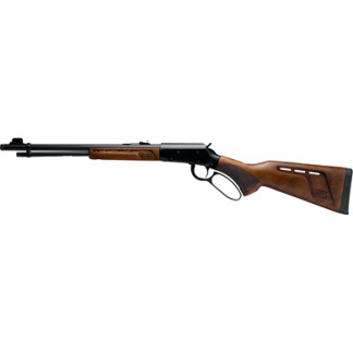Lever-action rifle with a wooden stock and black metal barrel shown in profile.