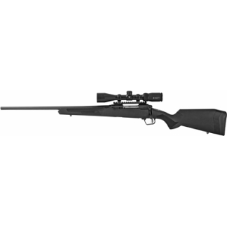 Bolt-action rifle with a mounted scope and black synthetic stock.