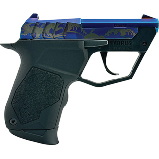 Close-up of a black toy pistol with a blue, dragon-patterned slide and Taurus branding on the side.
