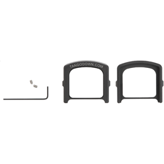 Assembly kit with an L-shaped hex key, two small screws, and two black curved brackets labeled Tangodown.com