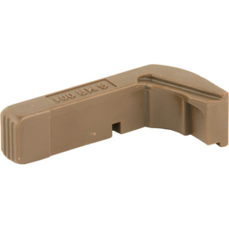 Brown plastic edge clip with a ridged handle and a curved notch, likely a furniture connector or spacer part.