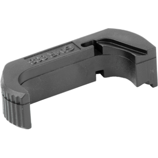 Black plastic curved clip with an open channel and ribbed end, a small clip for securing cables or tubing.