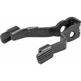 Small black metal lever/clip with ribbed ends and a mounting hole, a compact mechanical fastener component