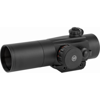 Black rifle scope with side-mounted adjustment dial and mounting rings, viewed from the side.