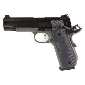 Side view of a semi-automatic handgun with a black slide and gray textured grip.
