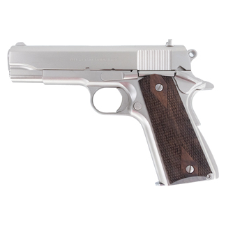 Side view of a silver semi-automatic pistol with brown checkered grip on a white background