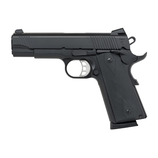 Black semi-automatic handgun photographed in profile on a white background.